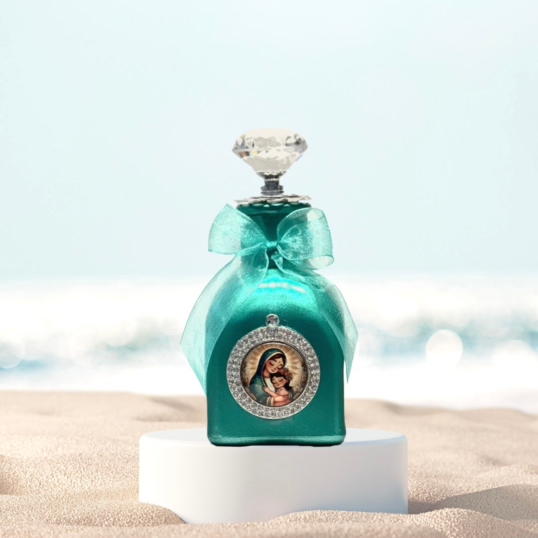 Our Lady of Guadalupe Cartoon, Holy Water Bottle, Aqua, Silver & Crystal Small