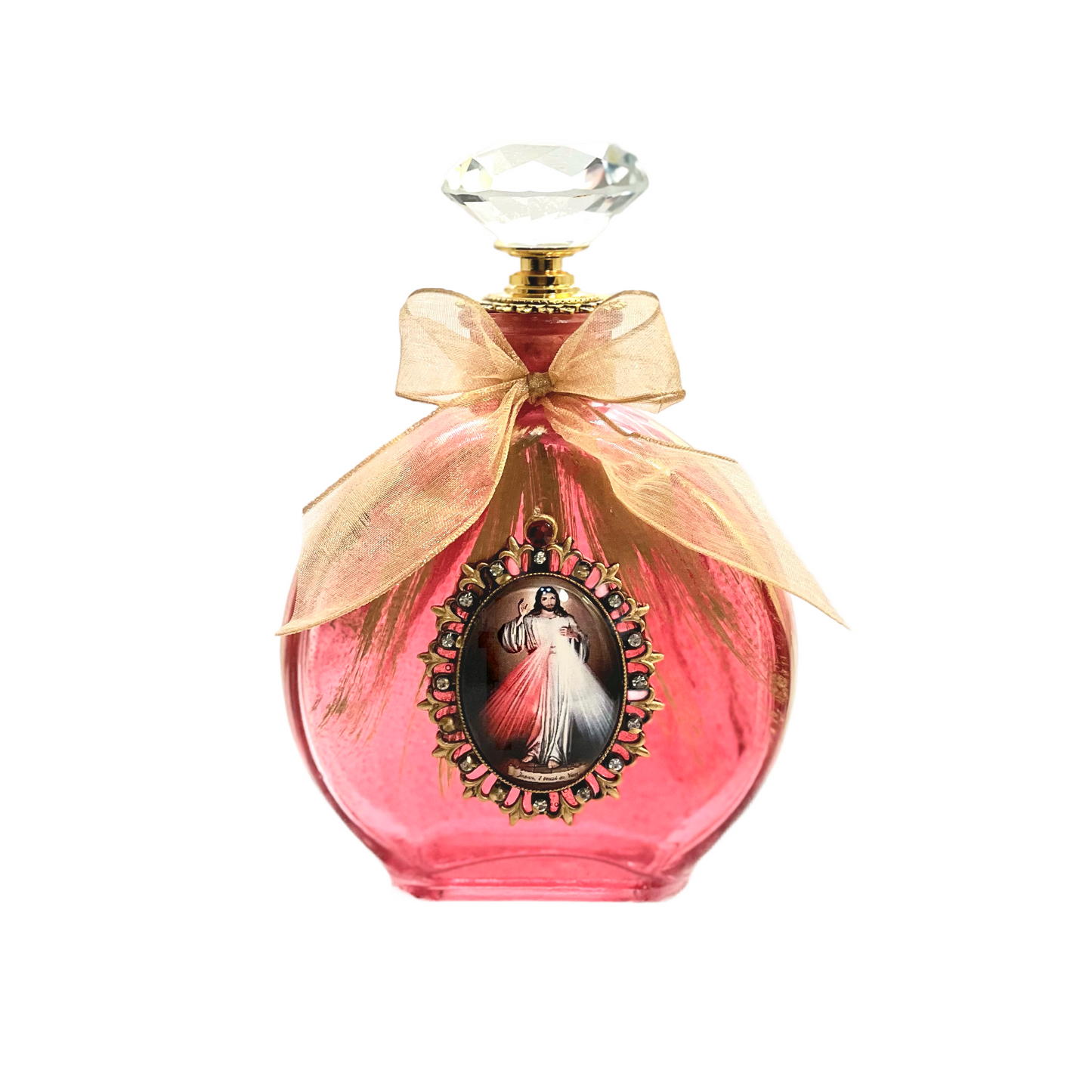 Divine Mercy Holy Water Bottle, Red & Gold, Large Round