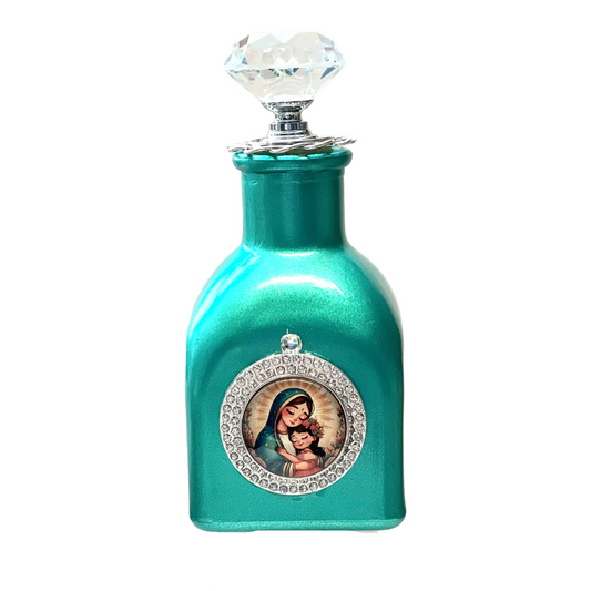 Our Lady of Guadalupe Child, Holy Water Bottle, Teal & Silver, Small