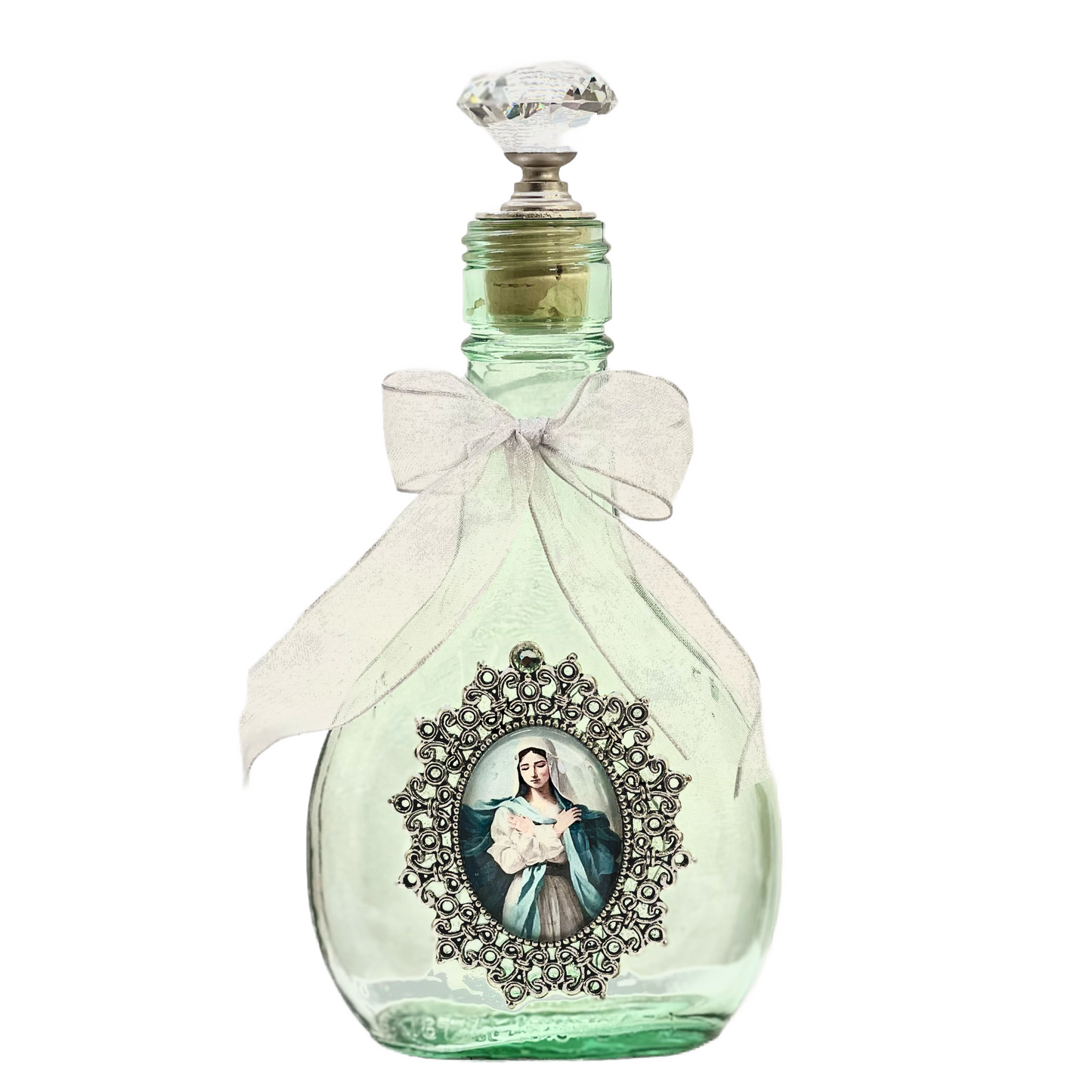 Our Lady of Grace Holy Water Bottle,  Green, Silver Framed
