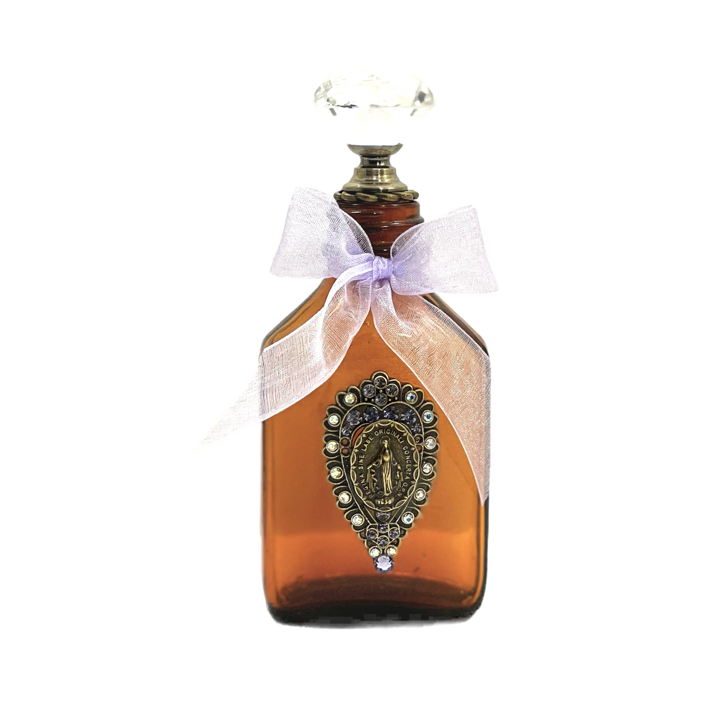 Miraculous Medal Holy Water Bottle, Bronze & Lilac Crystal, Small Amber Glass