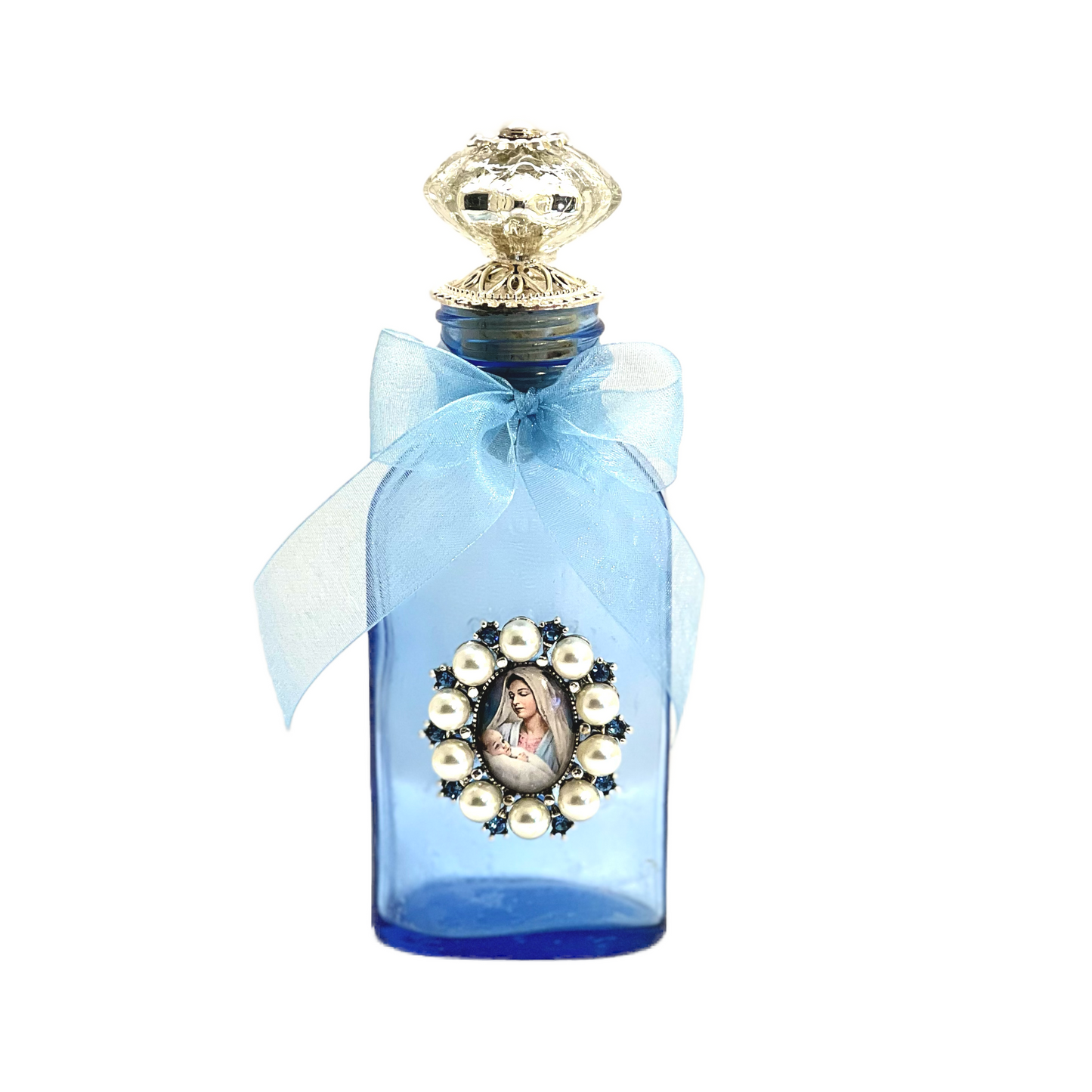 Our Lady with Infant Jesus Holy Water Bottle, Light Cobalt Blue, Medium