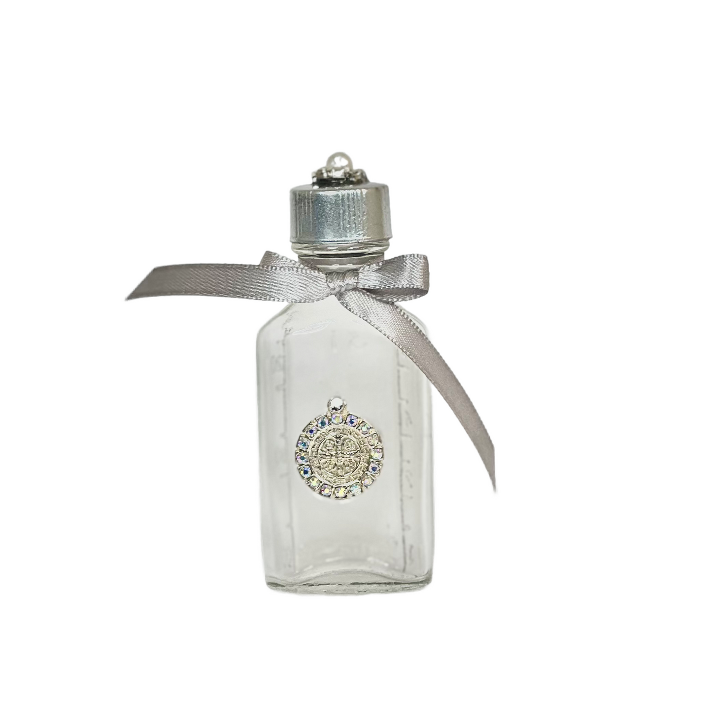 St. Benedict Holy Water Bottle, Round Silver & Crystal, Purse-size Square