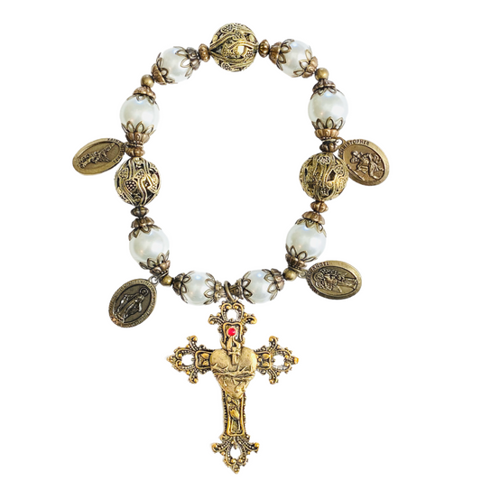 Cross with Sacred Heart Door Blessing, White Faux Pearl/Bronze