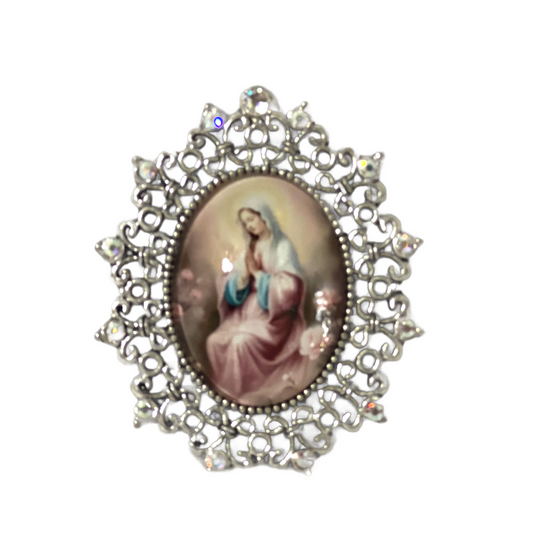 Young Blessed Virgin Mary Magnet, Silver & Crystal Framed