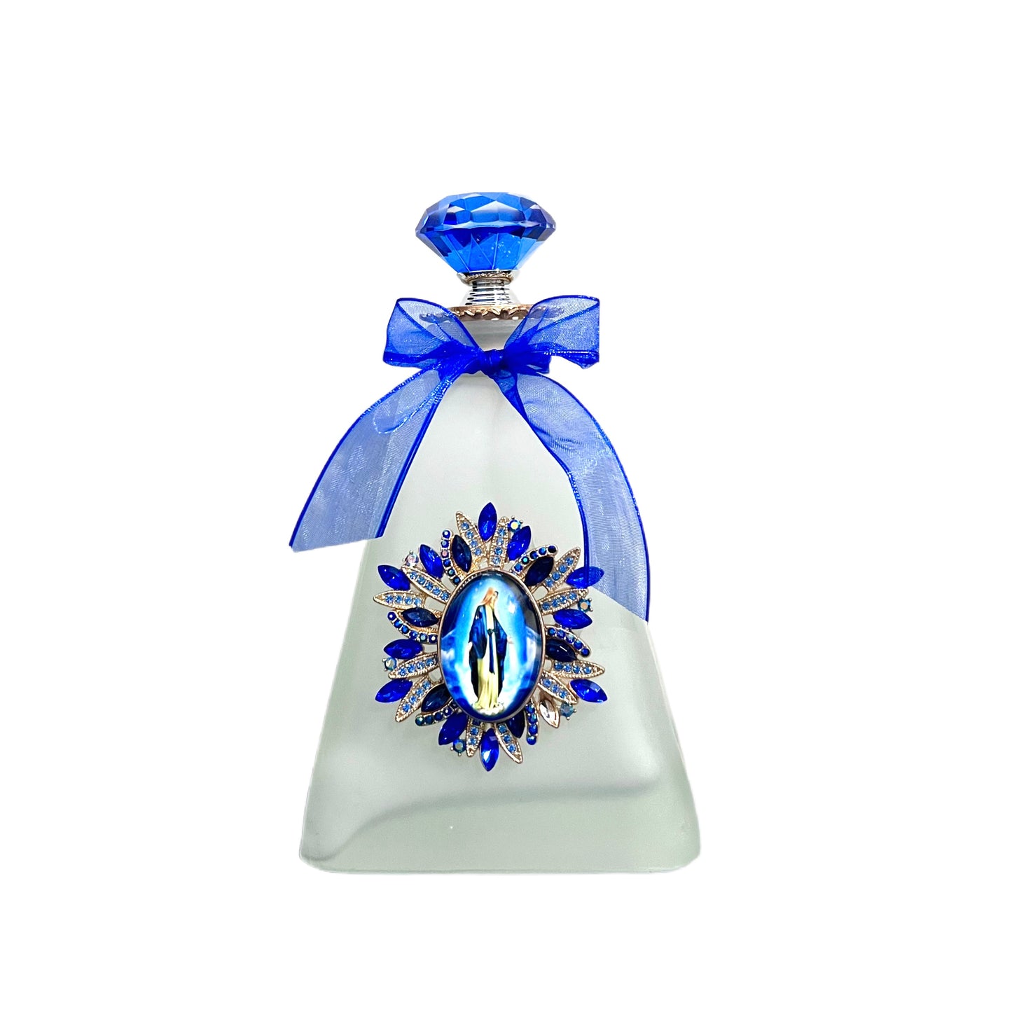 Our Lady of Grace Holy Water Bottle, Frosted, Blue Crystals