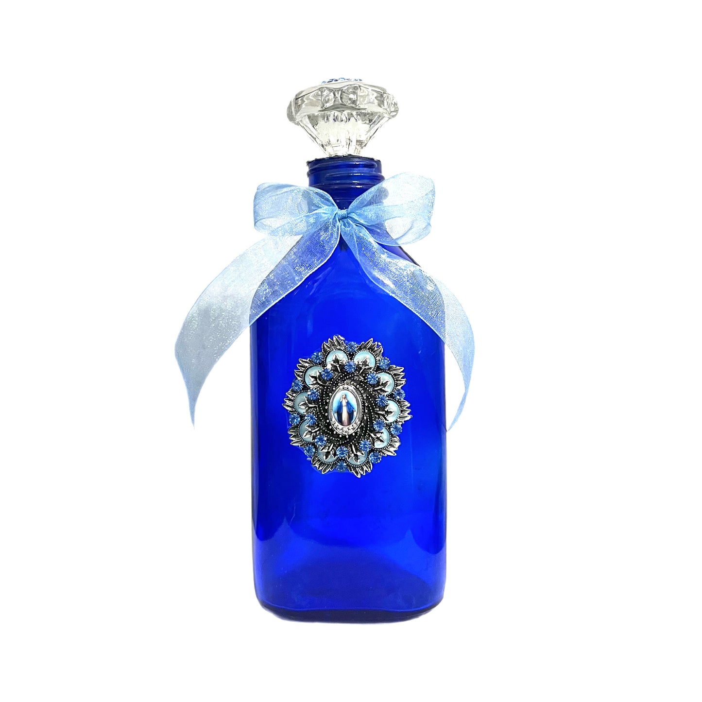 Our Lady of Grace Holy Water Bottle, Cobalt Blue & Silver, Extra Large