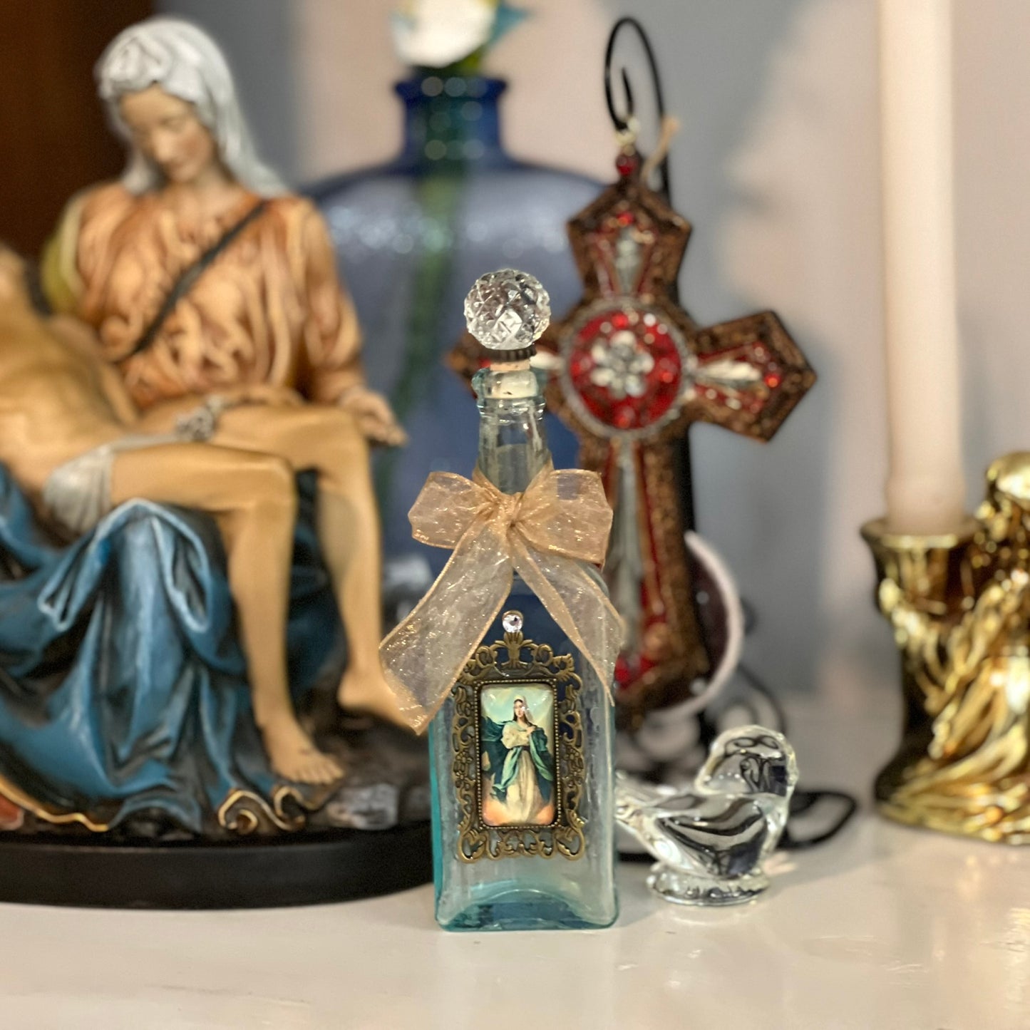Our Lady of Grace Holy Water Bottle, Green, Antique
