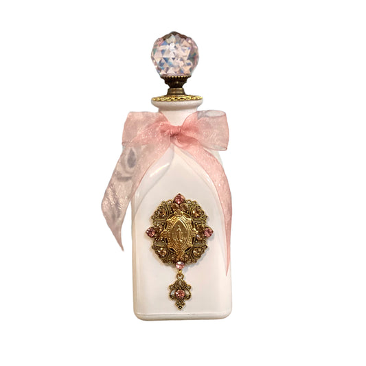 Miraculous Medal Holy Water Bottle, Gold French, White Glass with Pink Crystals
