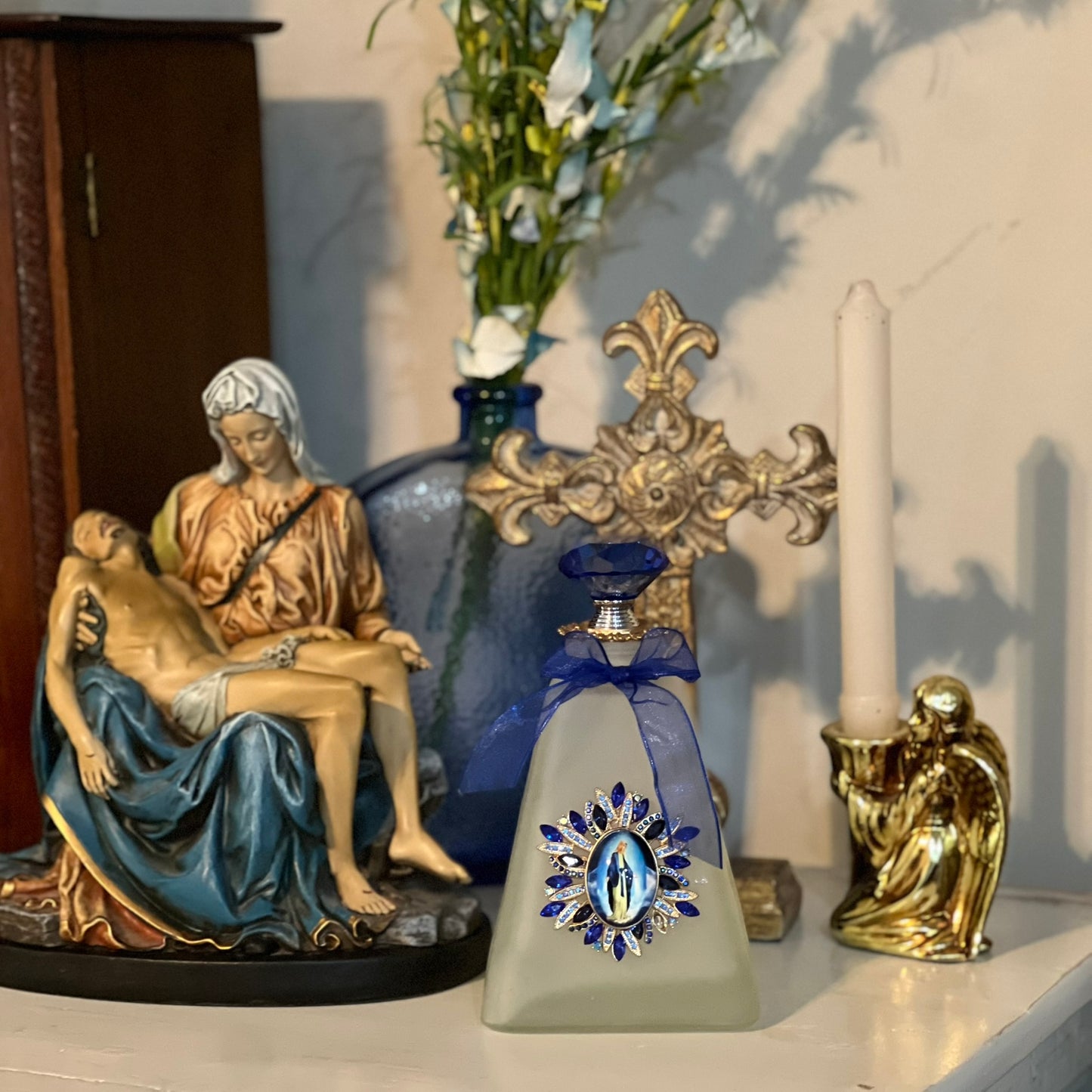 Our Lady of Grace Holy Water Bottle, Frosted, Blue Crystals