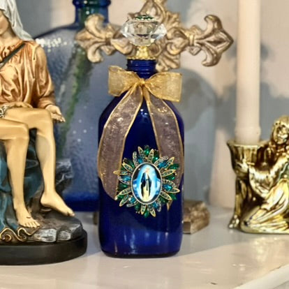 Our Lady of Grace Holy Water Bottle, Cobalt Blue, Gold, & Green