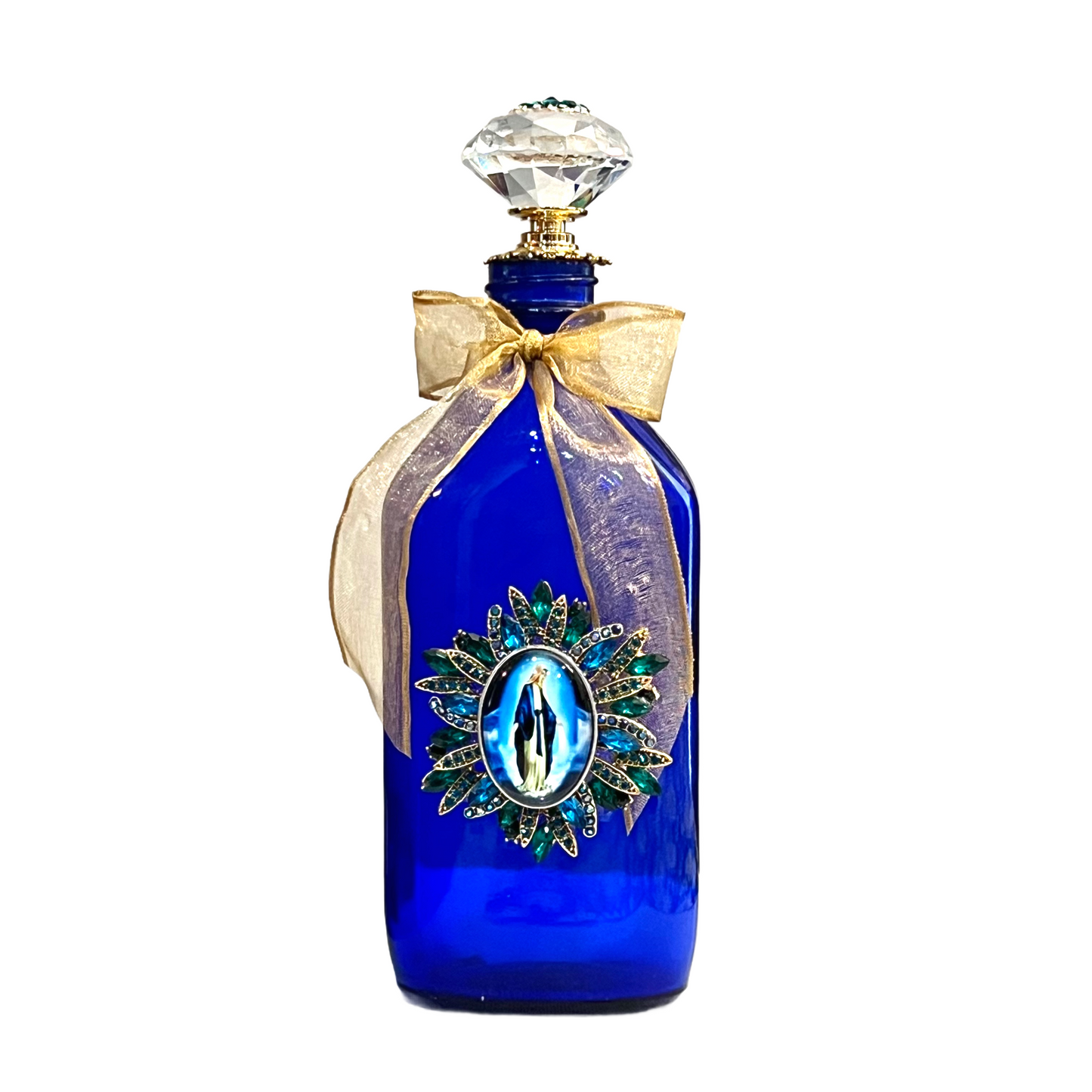 Our Lady of Grace Holy Water Bottle, Cobalt Blue, Gold, & Green