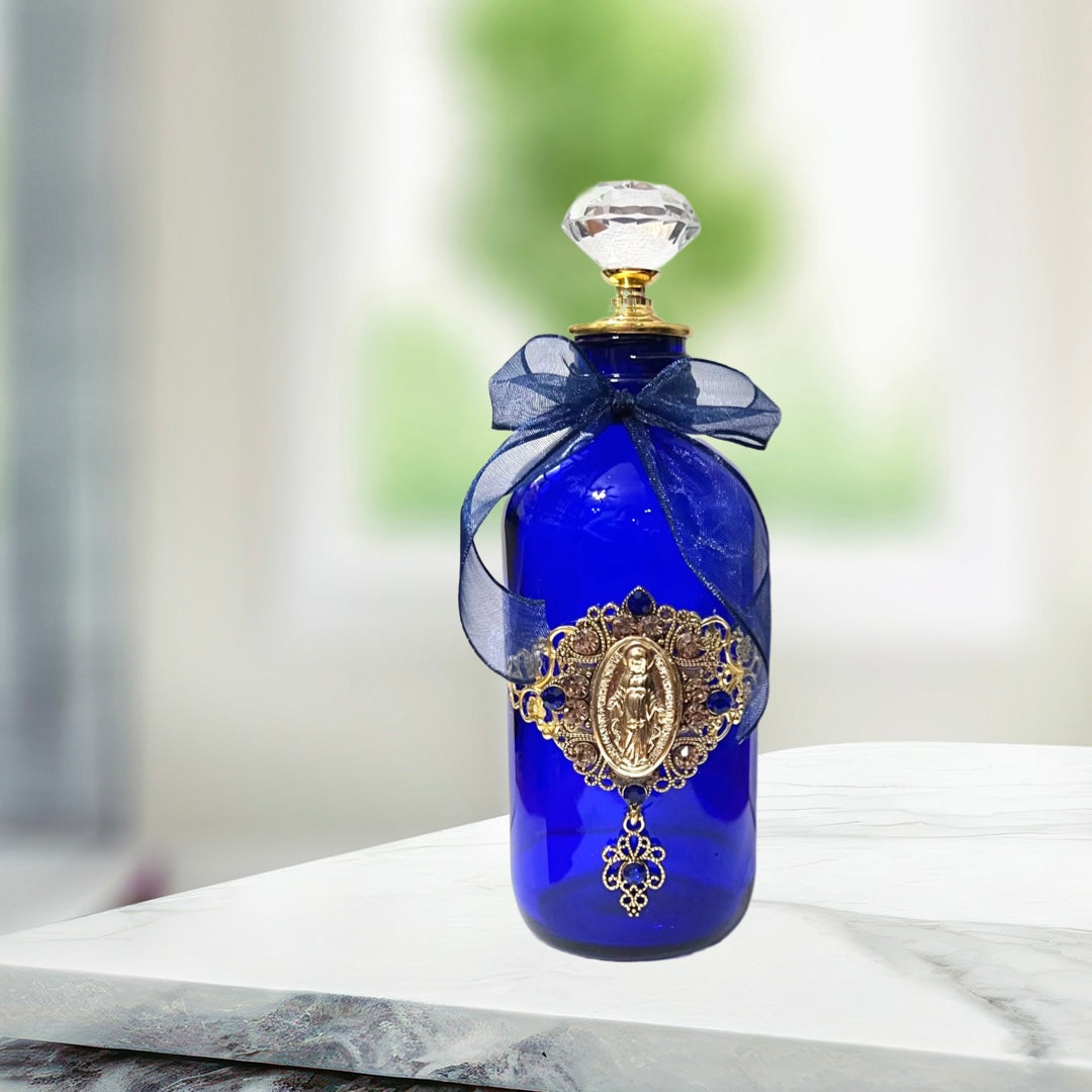 Miraculous Medal Holy Water Bottle, Gold, Cobalt Blue