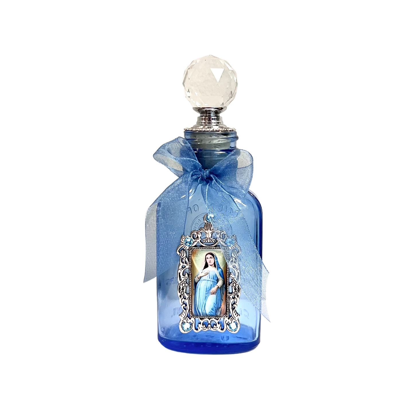 Expectant Mary Mother of God Holy Water Bottle, Antique Cobalt Blue, Medium