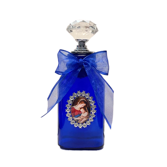 Madonna and Child Holy Water Bottle, Cobalt Blue, Small