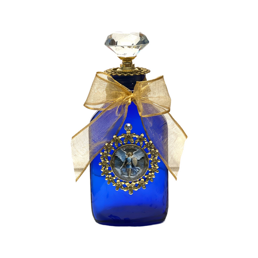 St. Michael Holy Water Bottle, Cobalt Blue & Gold, Medium