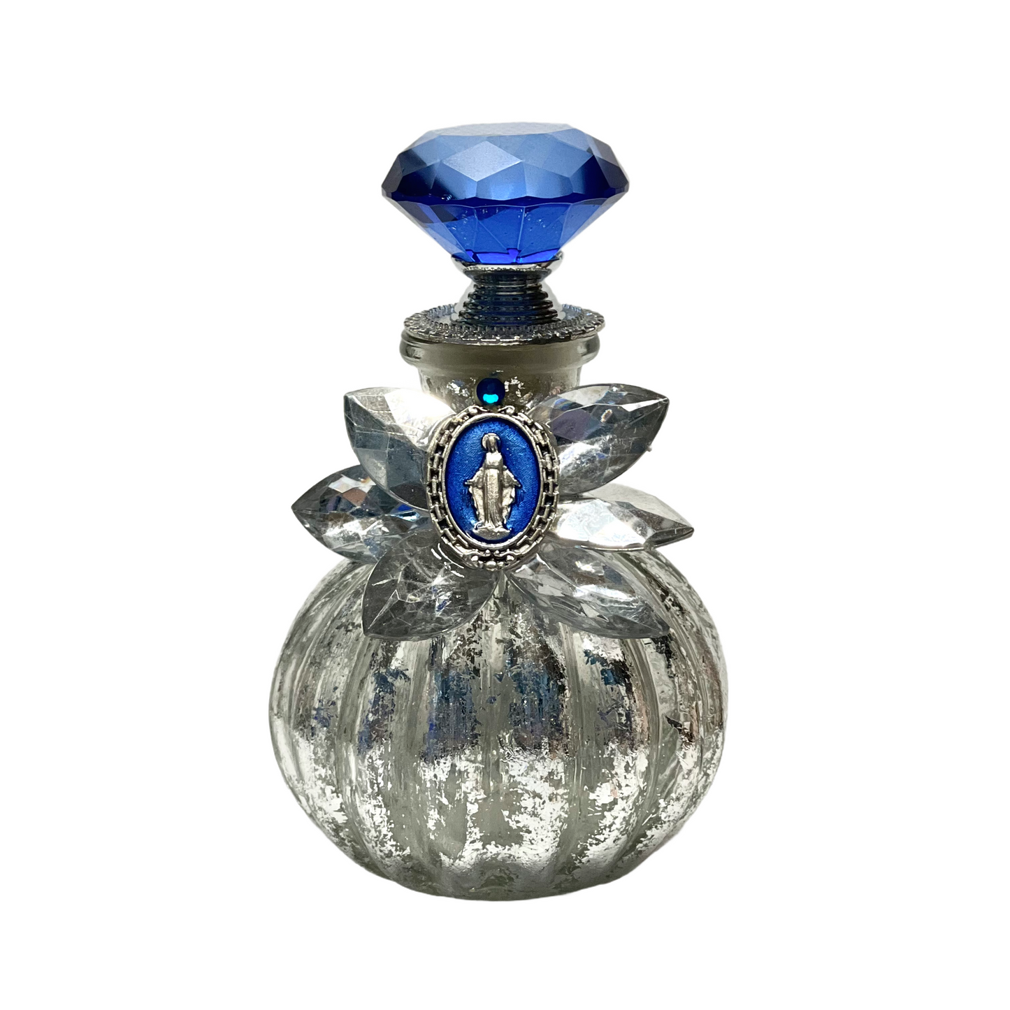 Miraculous Medal Holy Water Bottle, Silver & Blue, Mirror Finish