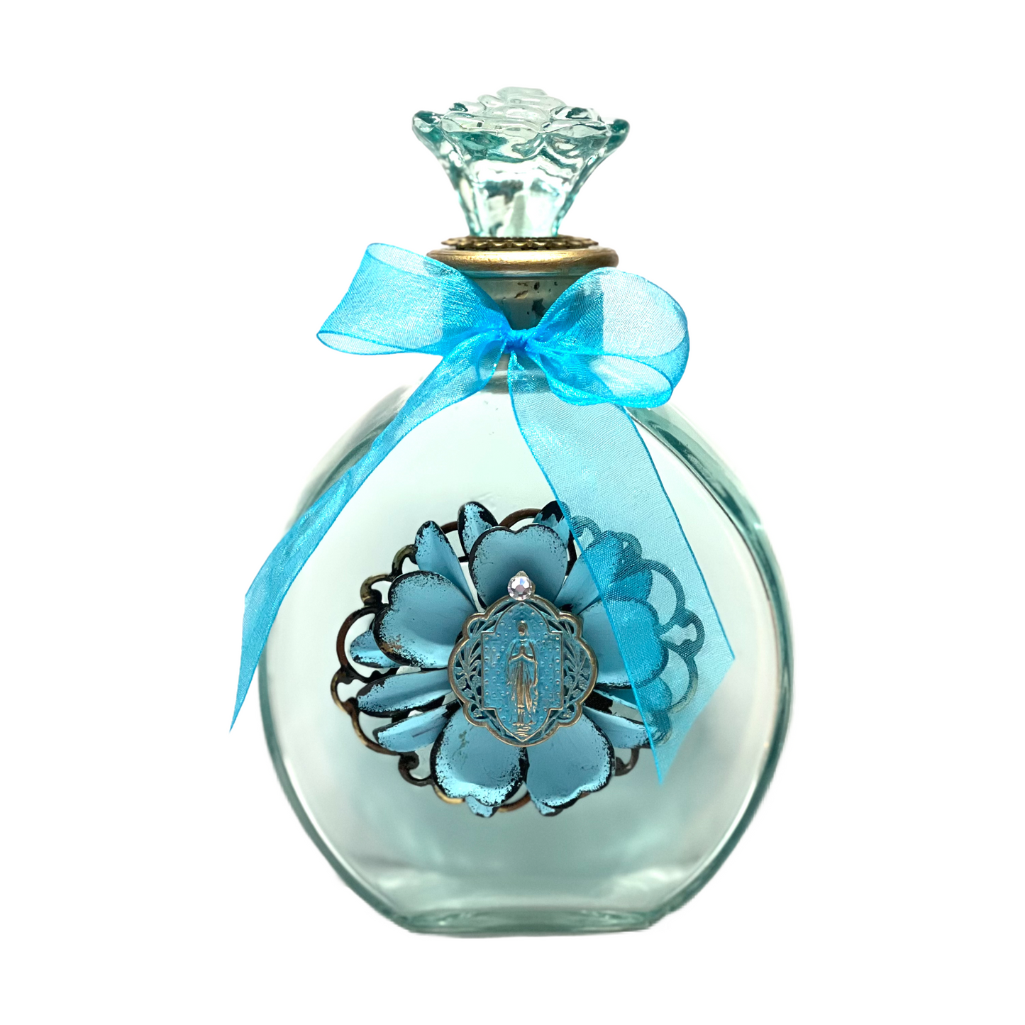 Our Lady of Lourdes Holy Water Bottle, Blue Patina & Gold, Large