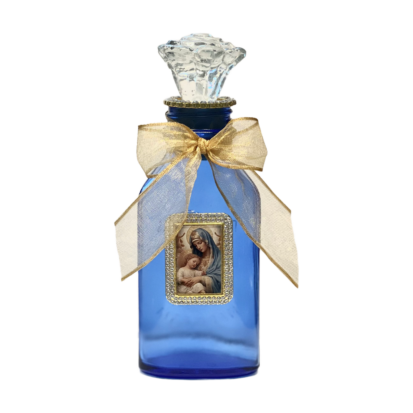 Our Lady Holy Water Bottle, Cobalt Blue, Gold & Crystal Framed
