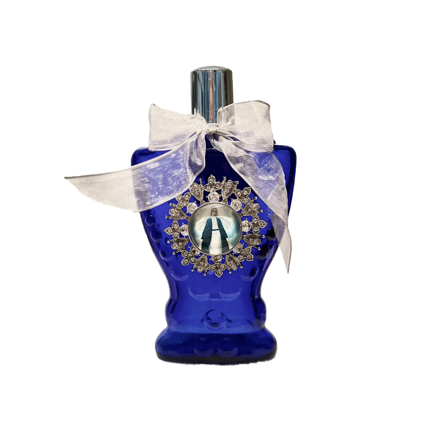 Our Lady of Grace Holy Water Bottle, Cobalt Blue, Rare, Gem Adorned