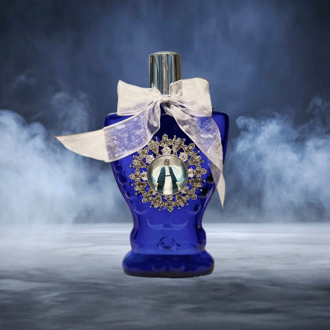 Our Lady of Grace Holy Water Bottle, Cobalt Blue, Rare, Gem Adorned