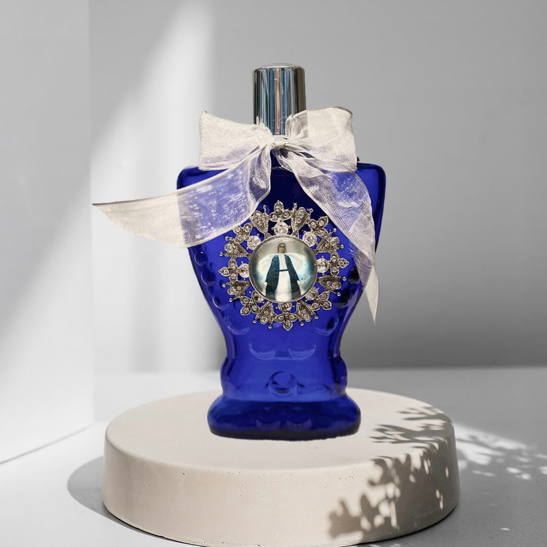 Our Lady of Grace Holy Water Bottle, Cobalt Blue, Rare, Gem Adorned
