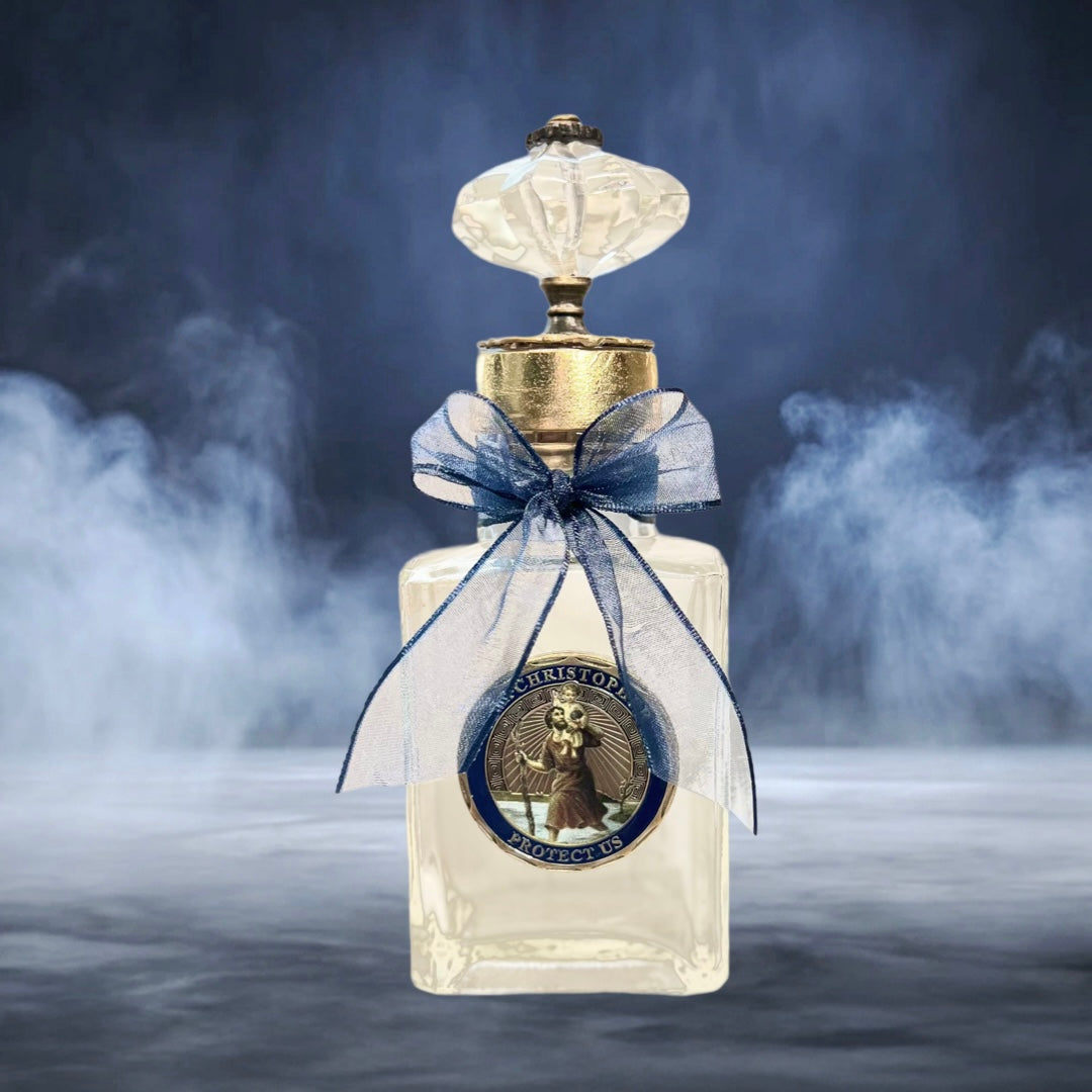 St. Christopher Holy Water Bottle, Blue & Bronze