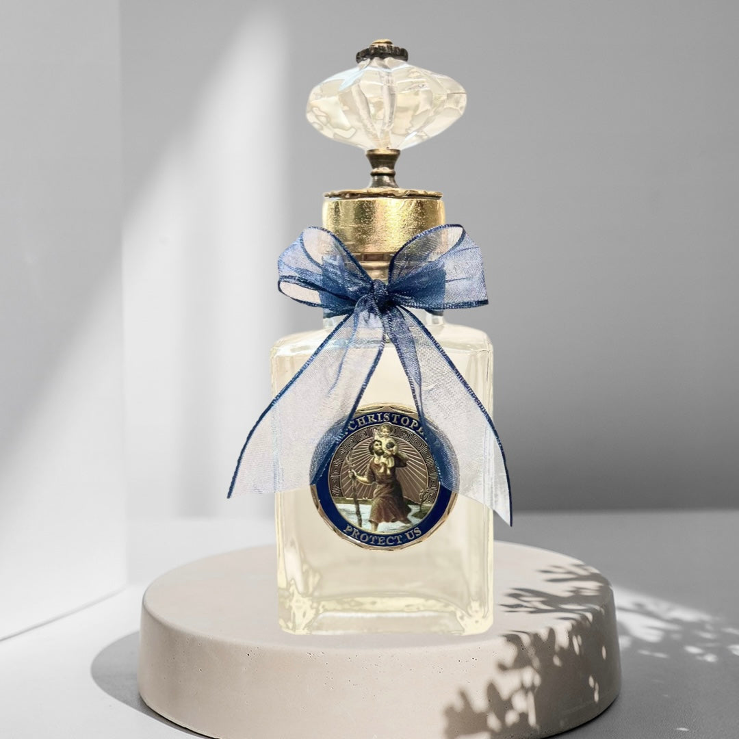 St. Christopher Holy Water Bottle, Blue & Bronze