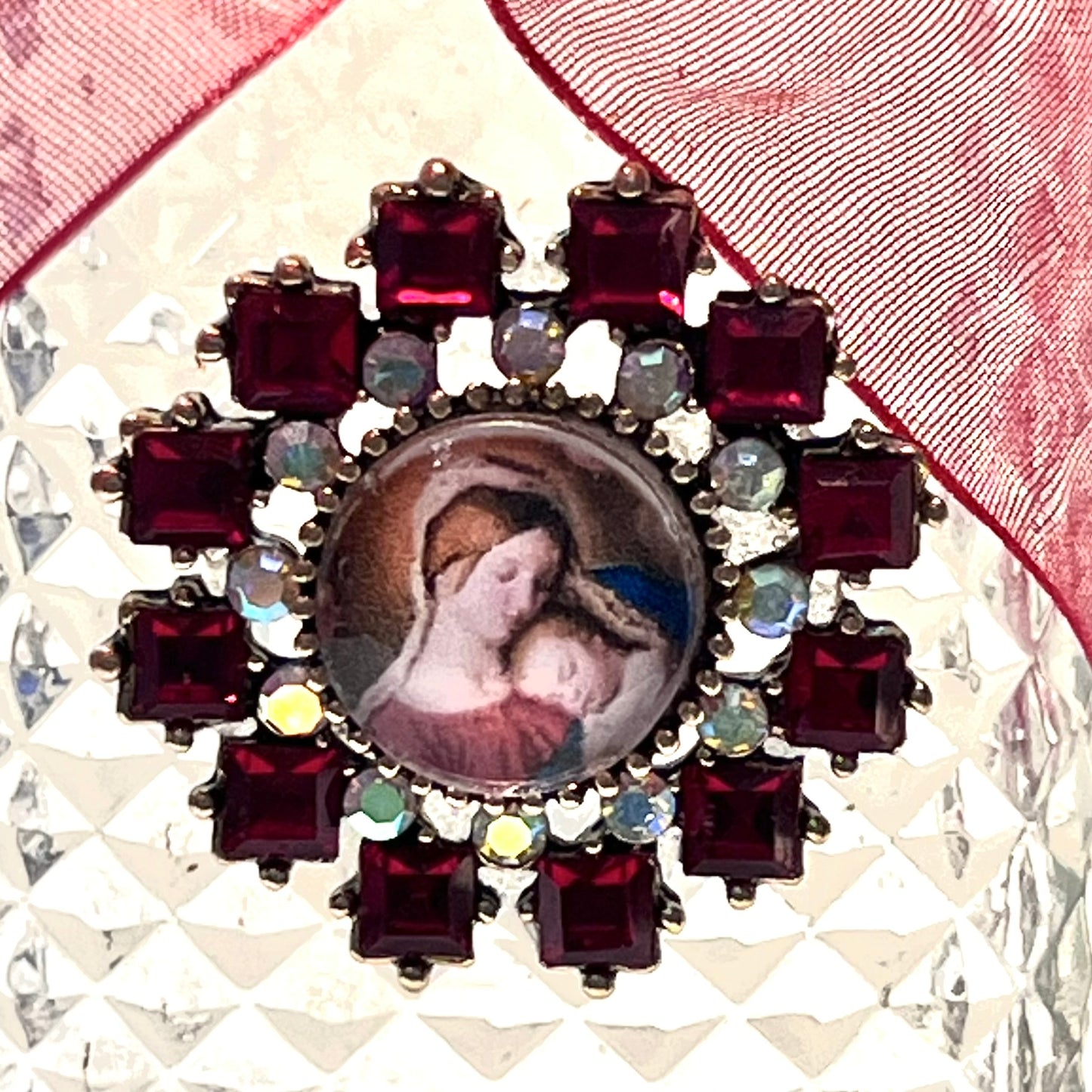 Madonna and Infant Jesus Holy Water Bottle, Knobbed Glass