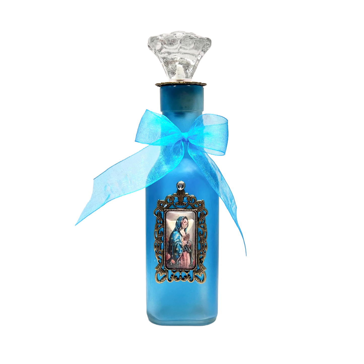 Our Lady of Guadalupe Holy Water Bottle Aqua Glass