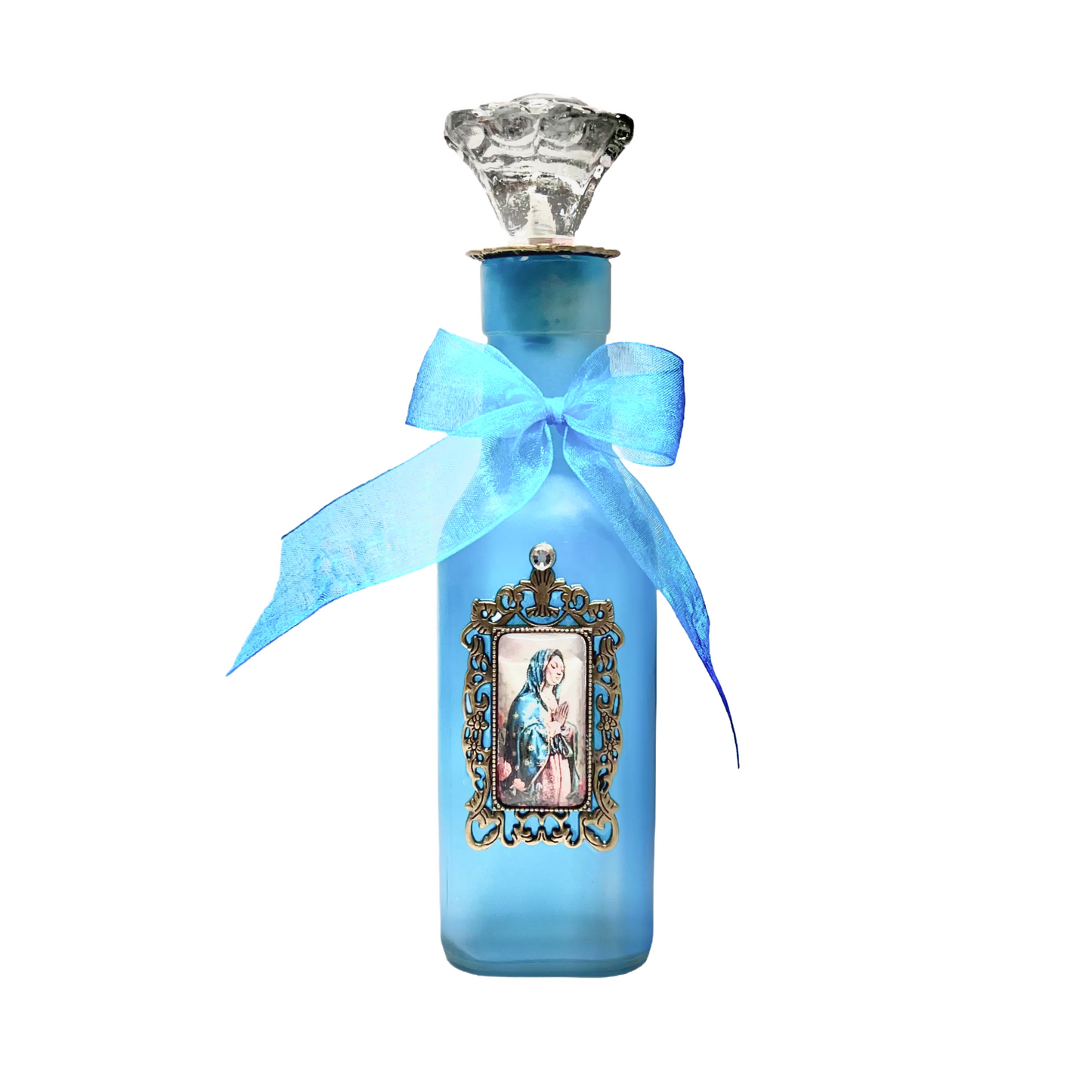 Our Lady of Guadalupe Holy Water Bottle Aqua Glass