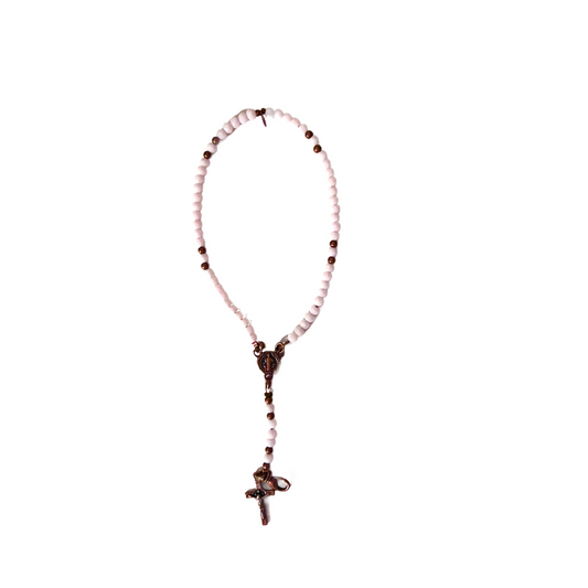 St. Benedict Rosary Bracelet, Copper, Light Pink Opaque Beads